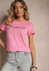 Różowy T-shirt z Bawełny z Napisem Zelreti. Czerwone bluzki damskie Renee, m, bez wzorów, z bawełny, eleganckie, bez kołnierzyka. Za 39.99 zł.