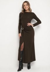 Brązowa Sukienka Koktajlowa z Aplikacją z Marszczeniem na Biodrach Rariana. Brązowe sukienki damskie Born2be, na imprezę, l, z aplikacjami, eleganckie, bez kołnierzyka, bez ramiączek, maxi. Za 129.99 zł.