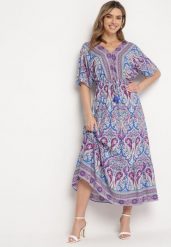 Niebiesko-Fuksjowa Sukienka Maxi z Wiskozy w Stylu Boho z Wzorem Paisley i Gumką w Pasie Naroli. Niebieskie sukienki damskie Born2be, na spacer, na lato, l, bez wzorów, z wiskozy, boho, bez kołnierzyka, bez ramiączek, maxi. Za 84.99 zł.
