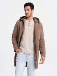 Płaszcz męski z kapturem w delikatny prążek - kawowy V1. Płaszcze męskie Ombre Clothing, m, bez wzorów, z elastanu, eleganckie, z kapturem. W wyprzedaży za 359.99 zł.
