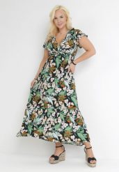 Czarno-Zielona Sukienka w Kwiaty z Falbankami i Gumką w Pasie Galbasi. Zielone sukienki damskie Born2be, l, bez wzorów, bez kołnierzyka, bez ramiączek, maxi. Za 74.99 zł.