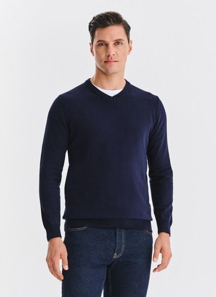 PAKO LORENTE – Granatowy bawełniany sweter v-neck. Niebieskie swetry przez głowę męskie Pako Lorente, na jesień, m, bez wzorów, z bawełny, bez kołnierzyka. Za 199.99 zł.