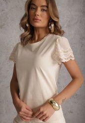 Beżowy T-shirt z Bawełny z Rękawami z Koronki Hycis. Brązowe koszule damskie Renee, m, bez wzorów, z bawełny, bez kołnierzyka, bez ramiączek. Za 69.99 zł.