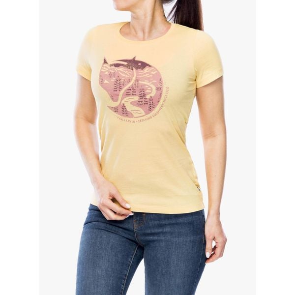 Koszulka lifestylowa damska Fjallraven Arctic Fox Print T-shirt. Żółte koszulki sportowe damskie Fjällräven, bez wzorów, bez kołnierzyka, bez ramiączek. Za 188.99 zł.