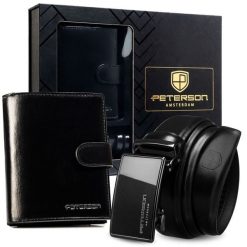 Zestaw prezentowy: portfel męski w czarnym kolorze i pasek ze skóry naturalnej - Peterson. Czarne paski damskie Peterson, bez wzorów, ze skóry. Za 119.99 zł.