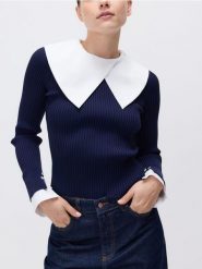 Sweter z ozdobnymi wstawkami - granatowy. Niebieskie swetry damskie Reserved, l, bez wzorów, z dzianiny, bez kołnierzyka, bez ramiączek, bez kaptura. Za 139.99 zł.