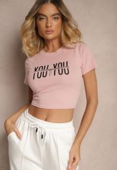 Różowy T-shirt z Bawełny Ozdobiony Łańcuchem i Napisem Olithel. Czerwone bluzki damskie Renee, m, bez wzorów, z bawełny, bez kołnierzyka. Za 39.99 zł.