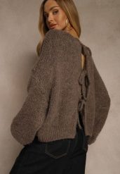 Jasnobrązowy Kardigan z Wełną o Kroju Oversize z Wiązanymi Kokardami Elearina. Brązowe kardigany damskie Renee, bez wzorów, z jeansu, eleganckie, bez kołnierzyka, bez ramiączek, bez kaptura. Za 149.99 zł.