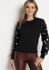 Czarny Sweter z Wiskozą o Klasycznym Kroju z Cekinowymi Rękawami Evandreth. Czarne swetry damskie Born2be, bez wzorów, z jeansu, eleganckie, bez kołnierzyka, bez ramiączek, bez kaptura. Za 119.99 zł.