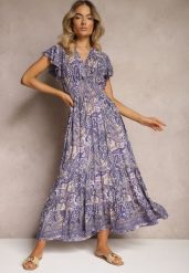 Granatowa Bawełniana Sukienka Paisley z Kopertowym Dekoltem z Falbaną i Gumką w Talii Brionea. Niebieskie sukienki dla dziewczynek Renee, na lato, bez wzorów, z bawełny, eleganckie, bez ramiączek, krótkie. Za 39.99 zł.