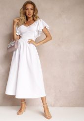 Biała Taliowana Sukienka Maxi z Falbanami Giftis. Białe sukienki damskie Renee, na imprezę, l, z aplikacjami, bez kołnierzyka, bez ramiączek, maxi. Za 84.99 zł.