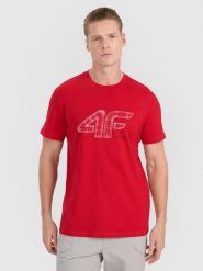 4F T-shirt regular z nadrukiem męski - czerwony M. Czerwone koszulki sportowe męskie 4f, m, bez wzorów, z bawełny, klasyczne, bez kołnierzyka. Za 59.99 zł.