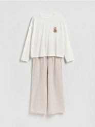 Dwuczęściowa piżama z nadrukiem - beżowy. Brązowe piżamy damskie Reserved, l, bez wzorów, z bawełny, bez ramiączek. Za 139.99 zł.