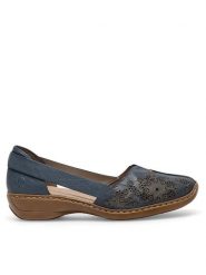 Rieker Półbuty 41396-12 Granatowy. Niebieskie półbuty damskie Rieker, bez wzorów, ze skóry, bez obcasa, na płaskiej podeszwie, bez zapięcia. Za 299.99 zł.