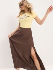 Spódnica midi z rozcięciem z wiskozą i domieszką lnu - brązowy. Brązowe spódnice damskie Sinsay, l, bez wzorów, z wiskozy, midi. Za 39.99 zł.