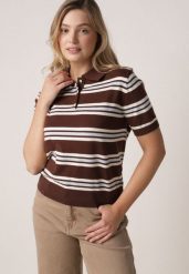 Brązowy T-shirt Typu Polo z Wiskozą Ozdobiony Guzikami i Paskami Esefia. Brązowe bluzki damskie Born2be, m, bez wzorów, z jeansu, bez kołnierzyka, bez ramiączek. Za 119.99 zł.