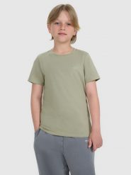 4F T-shirt regular gładki chłopięcy - zielony 134 (8-9 lat). Zielone t-shirty dla chłopców 4f, bez wzorów, z bawełny, bez ramiączek. Za 29.99 zł.