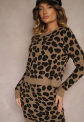 Brązowy Sweter z Wełną w Panterkę Sanavin. Brązowe swetry damskie Renee, bez wzorów, z jeansu, casualowe, bez kołnierzyka, bez ramiączek, długie, bez kaptura. Za 109.99 zł.