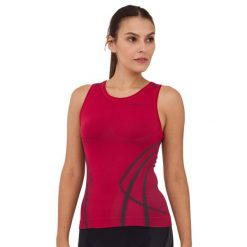 Bezrękawnik damski z wąskim ramiączkiem Brubeck FITNESS. Czerwone koszulki sportowe damskie Brubeck, bez wzorów, z elastanu, bez kołnierzyka, bez ramiączek, na fitness i siłownię. W wyprzedaży za 42.49 zł.