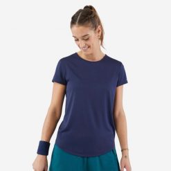 Koszulka do tenisa z okrągłym dekoltem damska Artengo Dry Essential 100. Niebieskie koszulki sportowe damskie KUIKMA, xs, bez wzorów, z materiału, bez kołnierzyka, bez ramiączek, tenisowe. Za 39.99 zł.