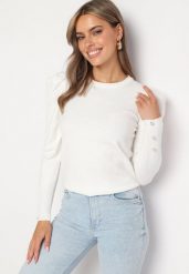 Biały Sweter z Dodatkiem Wiskozy z Bufiastymi Rękawami i Guzikami Gavinivia. Białe swetry damskie Born2be, z aplikacjami, z jeansu, eleganckie, bez kołnierzyka, bez ramiączek, bez kaptura. Za 99.99 zł.