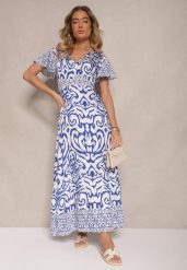 Niebieska Rozkloszowana Sukienka Zdobiona Ornamentalnym Printem Tillinelle. Niebieskie sukienki damskie Renee, na co dzień, na lato, m, z aplikacjami, eleganckie, bez kołnierzyka, bez ramiączek, maxi, kopertowe. Za 59.99 zł.