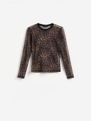 Bluzka w panterkę - wielobarwny. Bluzki damskie Reserved, l, bez wzorów, z dzianiny, bez kołnierzyka, bez ramiączek. Za 69.99 zł.