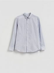 Wzorzysta koszula slim fit - niebieski. Niebieskie koszule męskie Reserved, l, bez wzorów, z bawełny, bez kołnierzyka, bez ramiączek. Za 129.99 zł.