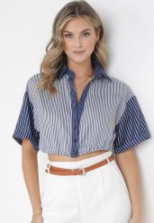 Granatowa Krótka Retro Bluzka w Paski na Guziki Shodi. Niebieskie bluzki damskie Born2be, bez wzorów, retro, bez kołnierzyka, bez ramiączek. Za 34.99 zł.