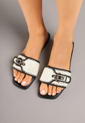 Czarne Szydełkowe Klapki z Paskiem z Klamerką Redanice. Czarne klapki damskie Born2be, z aplikacjami, eleganckie, bez obcasa, na płaskiej podeszwie. Za 59.99 zł.