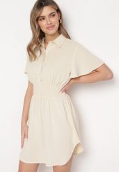 Beżowa Koszulowa Sukienka Mini z Wiskozy o Rozkloszowanym Kroju Hokese. Brązowe sukienki dla dziewczynek Born2be, bez wzorów, z wiskozy, bez ramiączek. Za 64.99 zł.