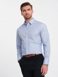 Koszula męska bawełniana w mikro wzór REGULAR FIT - jasnoniebieska V2 - Rozmiar: S. Niebieskie koszule męskie Ombre Clothing, m, bez wzorów, z bawełny, klasyczne, bez kołnierzyka, bez ramiączek. W wyprzedaży za 69.99 zł.