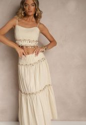 Beżowy Komplet z Bawełny Top i Spódnica z Koralikami Cekinami i Muszelkami Sarilisse. Brązowe spódnice damskie Renee, na lato, m, bez wzorów, z bawełny, eleganckie. Za 159.99 zł.