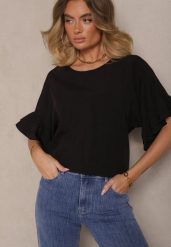 Czarna Bluzka z Wiskozą o Kroju Nietoperza Ozdobiona Falbankami Ranova. Czarne t-shirty i topy dla dziewczynek Renee, bez wzorów, z jeansu, bez ramiączek. Za 49.99 zł.
