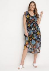 Czarno-Niebieska Sukienka Rozkloszowana Midi w Kwiatowy Print Nelettia. Czarne sukienki damskie Born2be, do pracy, m, bez wzorów, biznesowe, bez kołnierzyka, bez ramiączek, midi, rozkloszowane. Za 64.99 zł.