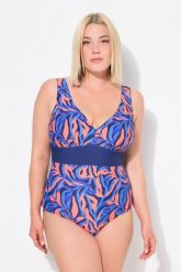 Damski Kostium kąpielowy koralowce dekolt w serek miękkie miseczki z recyklingu. Niebieskie kostiumy jednoczęściowe damskie Ulla Popken, plus size, bez wzorów, z elastanu, plus size, do pływania. Za 239.99 zł.