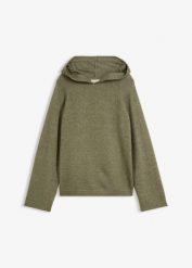 Sweter z kapturem. Zielone swetry damskie bonprix, bez wzorów, bez kołnierzyka, bez ramiączek, z kapturem. Za 124.99 zł.