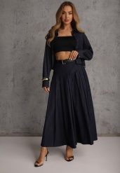 Granatowy Komplet z Bawełniano-Wiskozowej Imitacji Jeansu z Koszulą i Spódnicą z Paskiem Andaig. Niebieskie spódnice damskie Renee, m, bez wzorów, z bawełny, eleganckie, koszulowe. Za 259.99 zł.