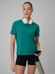 4F Koszulka treningowa loose szybkoschnąca damska - turkusowa M. Niebieskie koszulki sportowe damskie 4f, m, bez wzorów, bez kołnierzyka, bez ramiączek, na fitness i siłownię. Za 79.99 zł.