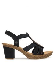 Rieker Sandały 66526-00 Czarny. Czarne sandały damskie Rieker, bez wzorów, z materiału, bez obcasa, na słupku, bez zapięcia. Za 223.99 zł.