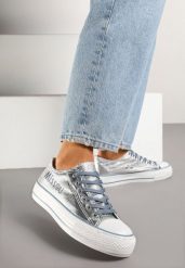Srebrno-Niebieskie Trampki pod Kostkę Ozdobione Napisem i Brokatem Terlevia. Szare trampki i tenisówki damskie Born2be, bez wzorów, z jeansu, glamour, bez zapięcia. Za 69.99 zł.
