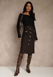 Czarna Tweedowa Spódnica Ołówkowa w Kratę z Guzikami Aretusa. Czarne spódnice damskie Renee, m, bez wzorów, biznesowe, z podwyższonym stanem, midi, ołówkowe. Za 69.99 zł.