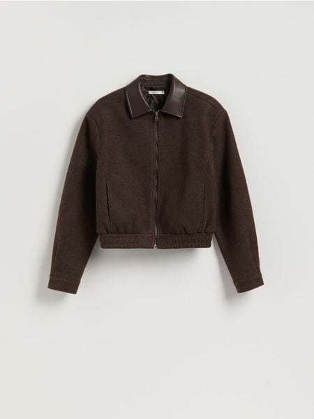 Marynarka na zamek - ciemnobrązowy. Brązowe żakiety damskie Reserved, l, bez wzorów, z dzianiny. Za 179.99 zł.