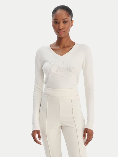 Guess Sweter W6RR50 Z2NQ2 Écru Regular Fit. Białe swetry damskie Guess, xs, z aplikacjami, z wiskozy, bez kołnierzyka, bez ramiączek, bez kaptura. Za 292.99 zł.