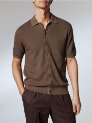 Rozpinany sweter polo - brązowy. Brązowe kardigany męskie Reserved, l, bez wzorów, z bawełny. Za 139.99 zł.