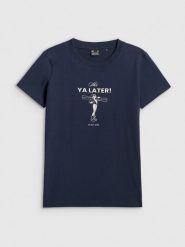 4F T-shirt regular z nadrukiem damski - granatowy XXL. Niebieskie t-shirty damskie 4f, xxl, bez wzorów, bez kołnierzyka. Za 49.99 zł.