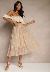 Beżowa Tłoczona Spódnica o Rozkloszowanym Kroju z Gumką w Pasie Folunetta. Brązowe spódnice damskie Renee, l, bez wzorów, eleganckie, midi, rozkloszowane. Za 74.99 zł.