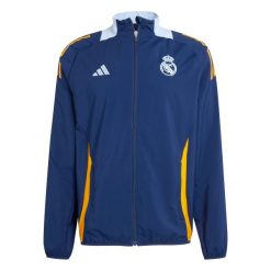 Kurtka prezentacyjna Real Madrid 2024/25. Brązowe kurtki sportowe męskie Adidas, bez wzorów, do piłki nożnej. W wyprzedaży za 283.00 zł.