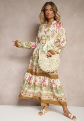 Beżowa Sukienka z Wiskozy Rozkloszowana w Print Boho Aedia. Brązowe sukienki damskie Renee, na co dzień, l, z aplikacjami, z wiskozy, boho, bez kołnierzyka, bez ramiączek, maxi, rozkloszowane. Za 59.99 zł.