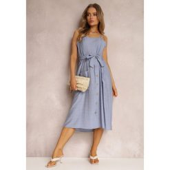 Niebieska Sukienka Hami. Niebieskie sukienki damskie Renee, l, z aplikacjami, z materiału, eleganckie, bez kołnierzyka, bez ramiączek, midi. Za 54.99 zł.